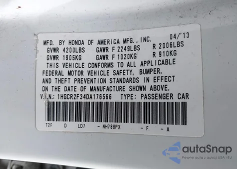 2013 Honda Accord Lx z USA, uszkodzony, nr VIN 1HGCR2F34DA176566